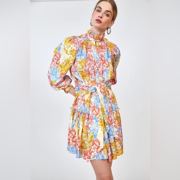 Hunter Bell Blakely Long Sleeve Silk Dress in Colorful Flower Patchwork, Medium - Picture 2 of 10